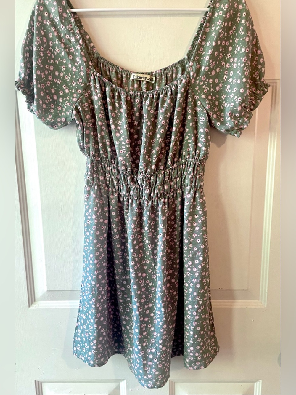 Liberty Love Sage Green Pink Floral Shirred Waist Babydoll Mini Dress Medium